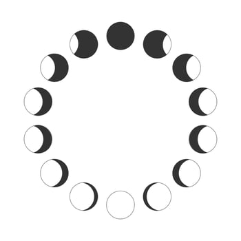 Outline Moon phases. Calendar lunar cycle. Waning and waxing Moon silhouettes moving in circle. Round shapes of Luna celestial object isolated on white background. vector
