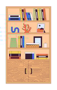 Wooden cabinet with decorative accessories 2D linear cartoon object. Bookcase in office interior isolated line vector element white background. Home furnishing color flat spot illustration