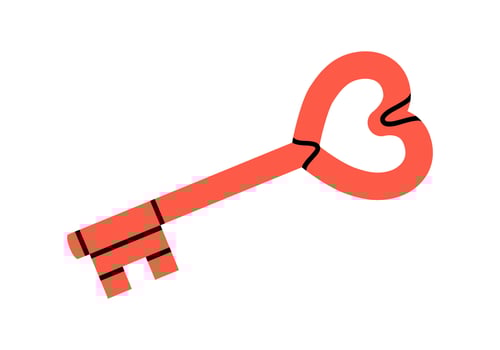 Hand drawn cute cartoon illustration of heart shaped key. Flat search for love sticker in doodle style. Valentine's Day icon. Understanding or loyalty. Keep feelings locked up. Isolated. vector