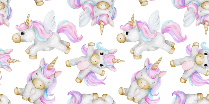 Print of cute little unicorns. Background of baby ponies. Watercolor hand drawn seamless pattern for children's rooms, goods, clothes, postcards, baby shower and nursery, fabric vector