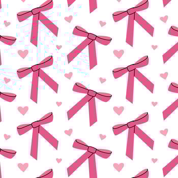 Seamless pattern with pink bows and hearts. Gift ribbons in hand drawn and flat styles. Fashionable vector illustration. Hair girly accessory. Bows for gift wrapping. Coquette core cute design.