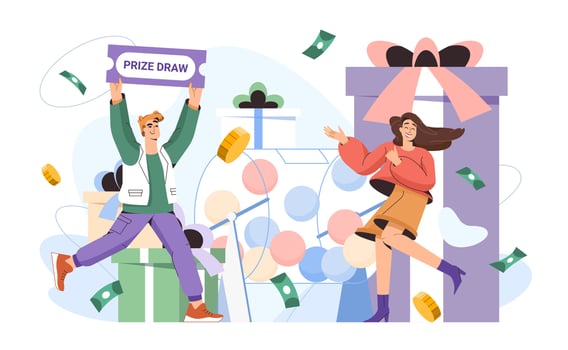 Prize draw vector flat illustration. Lucky girl winning prizes gift box and money prize in gambling game. Happy winner woman near raffle drum with lottery balls. Luck or fortune concept with character