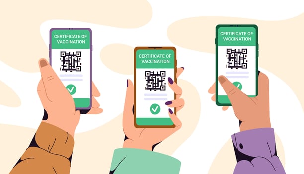Flat hands holding phones and showing green certificate of vaccination. Smartphone with vaccine QR code in mobile app. Vaccinated people using digital health passport for travel. Immunity concept vector