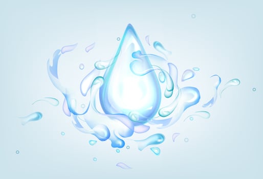 Blue drop with water splashes. Realistic 3d vector Illustration of fluid splashing isolated on light background. Liquid waves with swirls, clear pure aqua element with spray droplets. Hydration ad
