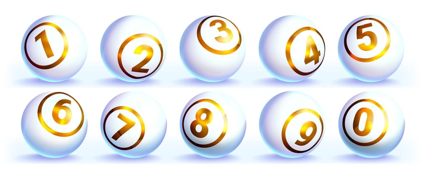 Lotto white balls with golden numbers vector realistic illustration. Lottery gambling glossy spheres. Snooker, leisure sport game or billiard bingo ball isolated on white background