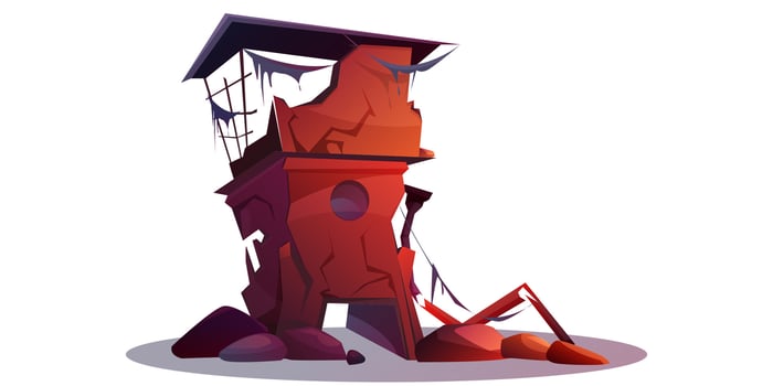 Destroyed building after natural disaster or war. Abandoned broken city house cartoon isolated vector illustration. Damaged structure or derelict town ruins after cataclysm, earthquake or explosion