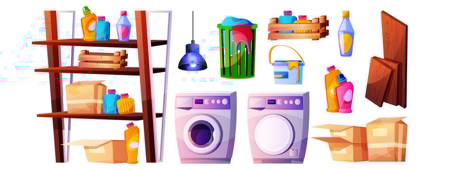 Vector cartoon set of household chemicals, basket for dirty linen, washing and dryer machine. Laundry room with cleaning supplies, wooden shelves with cardboard boxes and detergents in plastic bottles