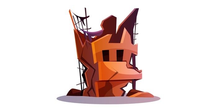 Destroyed building after cataclysm or war. Abandoned broken city house cartoon isolated vector illustration. Damaged structure or derelict town ruins after natural disaster, earthquake or explosion