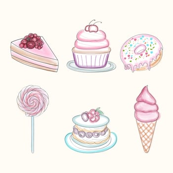 The drawing features a variety of cakes and desserts, showcasing different types such as cupcakes, tarts, pies, and pastries in a colorful and detailed illustration vector