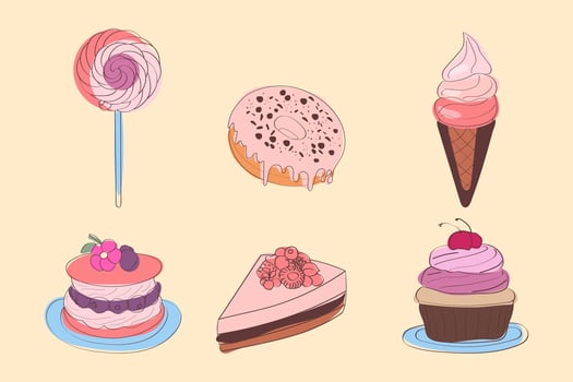 Cakes and desserts are arranged in a grouping, showcasing different flavors, colors, and textures. From creamy cheesecakes to decadent chocolate cakes, this assortment offers a range of sweet treats vector