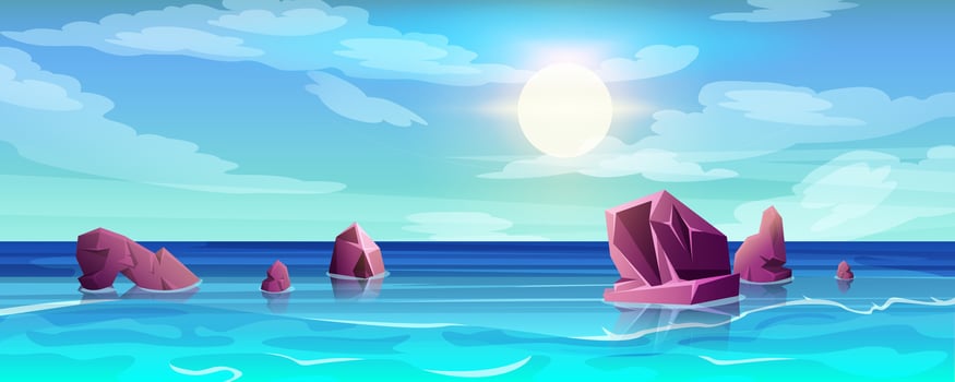Ocean with rocks sticking up of water cartoon vector illustration. Nature landscape with blue sky, shining sun above sea and clouds, day view. Summer seascape of rocky shore on island