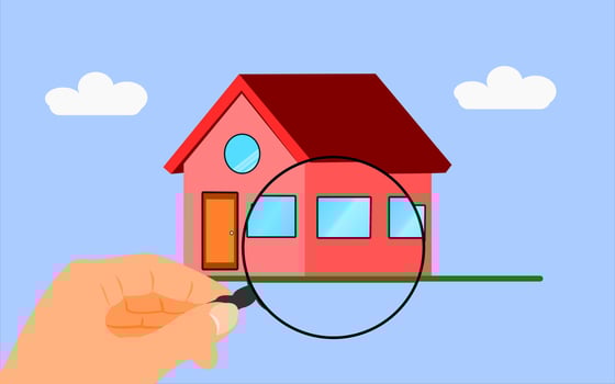 Business man using magnifying glass to see house detail. Real estate appraisal Residential home review and report. Property and real estate price evaluation, mortgage and loan analysis, inspection. vector