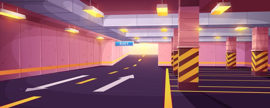 Cartoon empty underground car parking. Indoor interior of garage in city shopping mall. Basement with marking road, automobile park places, columns, sign exit and guiding arrows on concrete floor vector