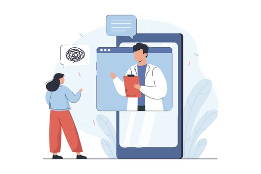 Flat woman counseling with psychologist. Online consultation and therapy patient with emotional disorders, mental diseases and anxiety mind. Virtual psychological help and support concept vector