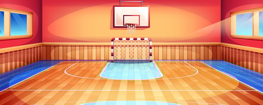 Cartoon school gym with gymnasium basketball court. Sport hall interior with windows, wooden floor, hoop and football goal. Soccer arena for exercises and active games. Empty training room with basket vector