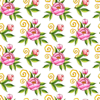 Watercolor illustration  pattern of pink peonies with buds, leaves and golden curls isolated from the background. Botanical arrangement for kitchen, home decor, stationery, wedding invitations, cards, png