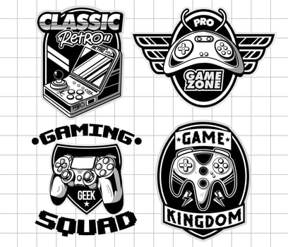 Gaming badge logo design set. Vintage monochrome game emblems illustrations vector