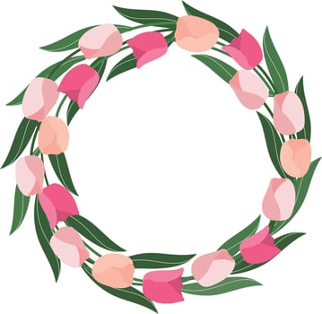 cute pink tulip flowers wreath frame border garland hand drawn clipart element illustration for invitation greeting birthday party celebration wedding card poster banner background wallpaper vector