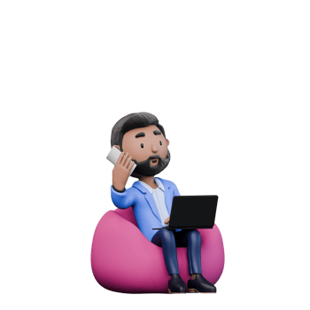 Businessman is sitting on a pink balloon chair and talking on his cell phone. He is wearing a blue suit and blue jeans. The scene is set in a modern, urban environment png