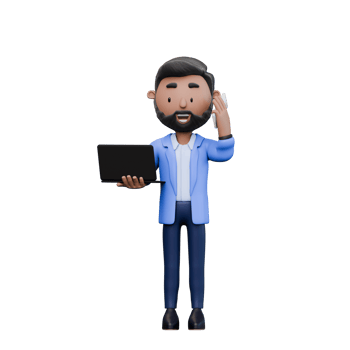 Businessman in a blue suit holding a laptop. He is talking on a cell phone. The man is smiling and he is in a good mood png