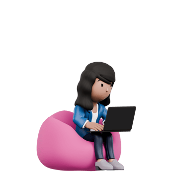 A woman is sitting on a pink bubble chair and using a laptop. She is focused on her work and she is in a serious mood png