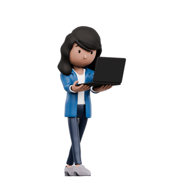 A woman is holding a laptop in her hand. She is wearing a blue business suit png