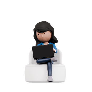 A woman is sitting on a couch with a laptop in front of her. She is focused on her work, possibly typing or browsing the internet. Concept of productivity and concentration png