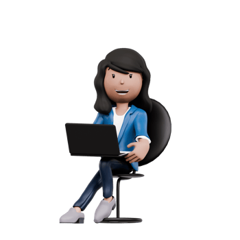 A woman is sitting on a chair with a laptop in front of her. She is smiling and she is enjoying her work. Concept of productivity and positivity png