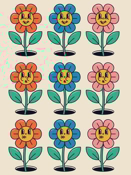 Groovy flowers with faces, orange, blue, pink vector