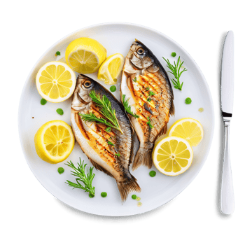 AI Generated Grilled fish cheeks tender texture garnished with lemon and herbs captured from above png