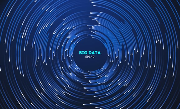 Circular data swirl on dark blue technology background. Hurricane vortex concentric lines vector