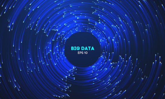 Circular data swirl on dark blue technology background. Hurricane vortex concentric lines vector