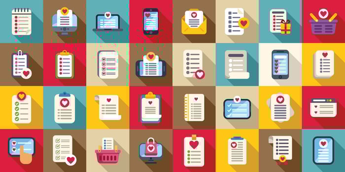 Wish list icons set flat vector. Winter post vector