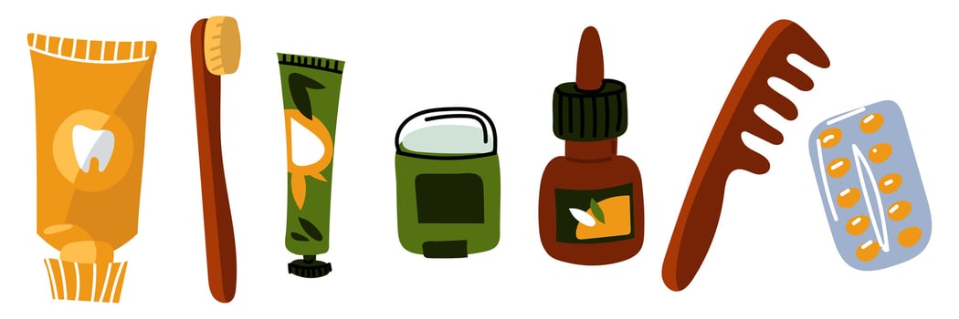 A travel hygiene kit. A small set with a comb, deodorant, tablets, serum, cream, toothpaste, toothbrush. flat toiletry and travel items. The women's set is assembled vector