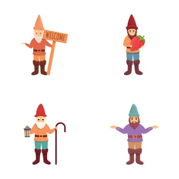 Garden gnome icons set cartoon vector. Funny garden decoration gnome vector