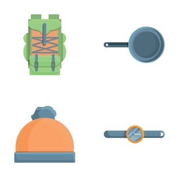 Hiking equipment icons set cartoon vector. Various tool for hiking vector
