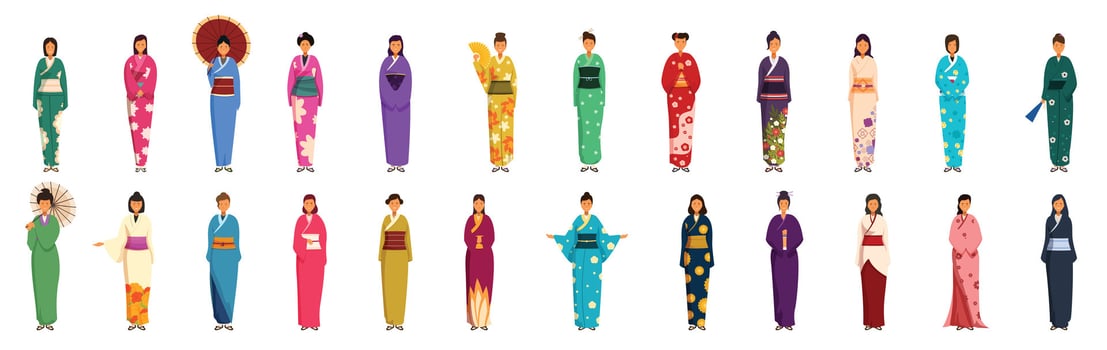 Young girl kimono icons set cartoon vector. Japanese woman vector