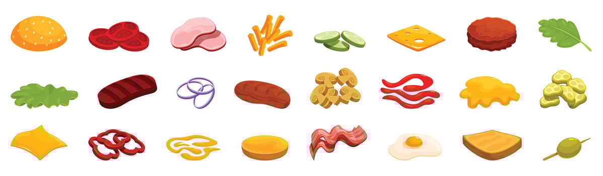 Flying burger ingredients icons set cartoon vector. Fast Food meal vector