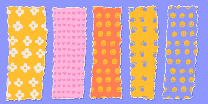 Vecrtical Strip of paper shapes set in groovy childish style with vintage bright colors and simple patterns. Trendy abstract composition, design template for social media. Trendy illustration vector