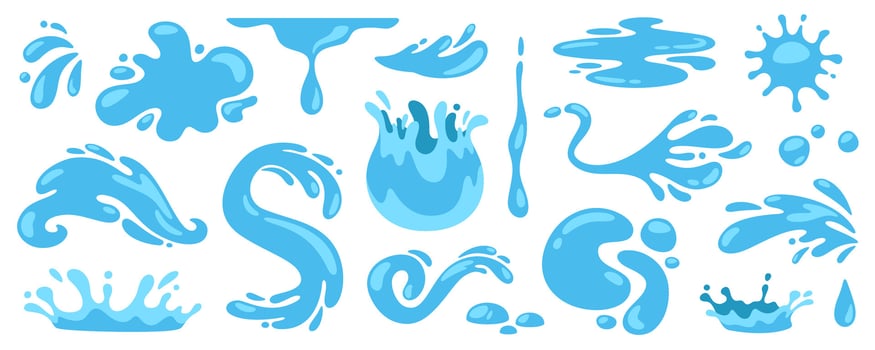 Cartoon blue water. Falling drops, tears and splashes. Liquid puddles, floating plop, aqua splat, different water shapes isolated on white background. collection vector