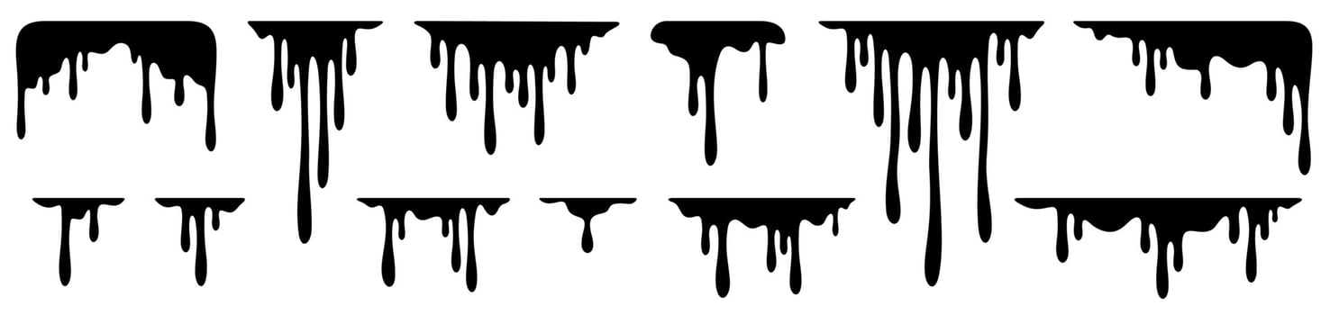 Dripping stain. Silhouette drip oil, black melting paint liquid, ink drop. Border melted sweet dessert, ice cream, sauce. Splash, splatter elements isolated. set vector