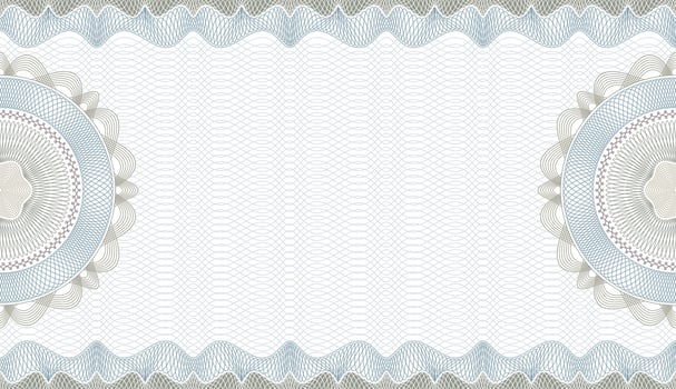 Gift certificate. Voucher with guilloche grid and pattern coupon or cheque template with guilloche border and rosette. Watermark security editable stroke paths vector