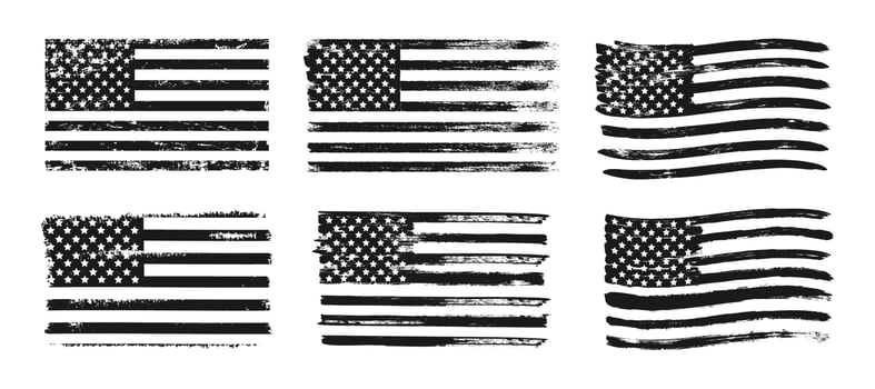 Textured USA flag. Grunge decorative American flag monochrome color. Black and white stripes and stars flag banners for t-shirts print isolated on white background. collection vector
