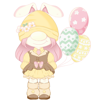 a gnome girl wearing a bunny hat and holding balloons. png