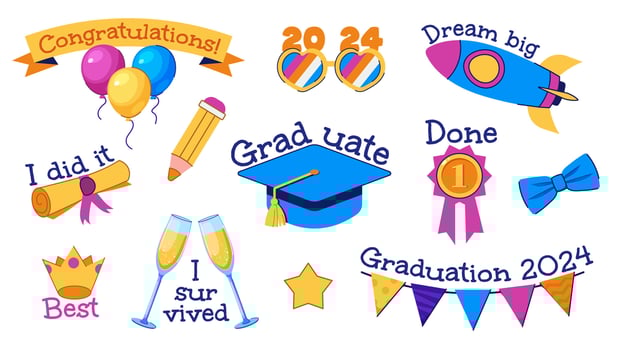 Set of funny graduation stickers. Templates with captions, props for graduation photos, graduation party. Vector illustration in flat style