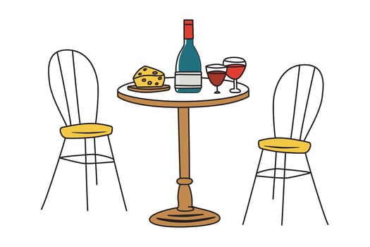 Cafe table with chairs, restaurant in France, illustrations of dining in Paris, cheese and wine doodle, drinking glasses, French food,, isolated colored clipart on white background vector