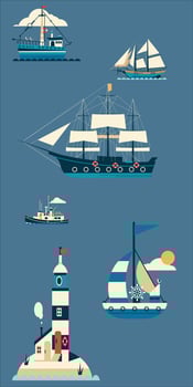 Flat maritime ship. sailing ships, warships, cargo ships, large ships, and coastal beacons. Sea cargo dock vector set