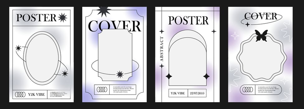 Set of poster wit outline arch frames with stars and blur. Trendy print with line border, fluid gradients and stars, vector poster template set
