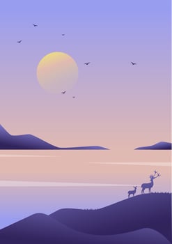 Silhouette of deer standing in spring dusk seaside. Magical morning landscape, deer couple illustration vector