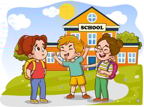 vector illustration of angry kids bullying their weak peers.Kids are being bullied. Verbal and physical social conflict between children, combat abuse, fighting and sarcastic classmate